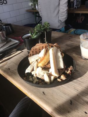 Vegan waffles and squash oat latte at 404Bristol in Bristol