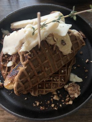 Banana, peanut butter, pecan, maple and oat cream waffles 😍 at 404Bristol in Bristol