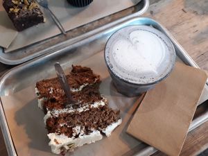 Carrot cake and charcoal and vanilla latte at 404Bristol in Bristol