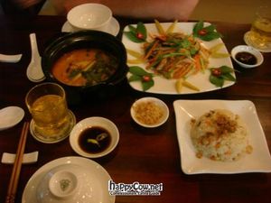 lotus rice, vegetables, mock chicken curry with lemongrass at Viet Chay in Ho Chi Minh City
