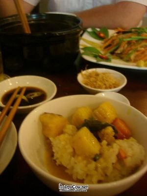 curry and rice, with potatoes and lemongrass curry sauce. With dried mushroom powder to sprinkle on top. at Viet Chay in Ho Chi Minh City
