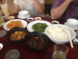 Tofu & mushroom, spinach with garlic, 'fish' fingers, sweet potato & rice at Viet Chay in Ho Chi Minh City