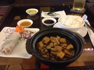 Fresh spring rolls & tofu and mushroom with rice at Viet Chay in Ho Chi Minh City