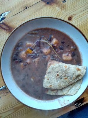 Ital soup with red peas and roti at Vibes Cafe in South West London