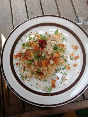 Vegan spaghetti carbonara at L'Herbanyste in Ho Chi Minh City