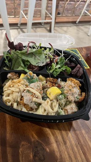 Cajun pasta with salad at I-tal Garden in New Orleans