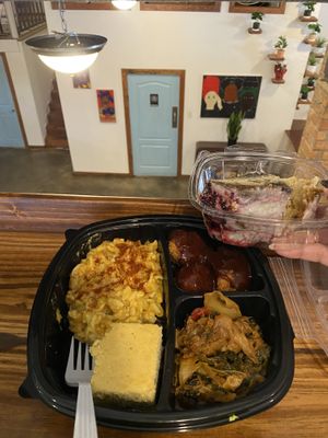 Balcony eats - mac n cheeze plate and berry cake   at I-tal Garden in New Orleans