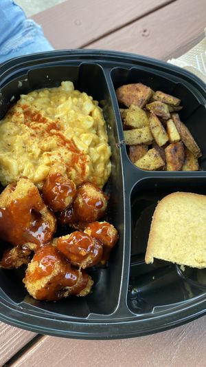 Mac n cheese, cauli wings, corn bread, potatoes   at I-tal Garden in New Orleans