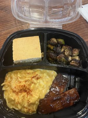 bbq “ribs”, mac and cheese, cornbread and brussel sprouts   at I-tal Garden in New Orleans