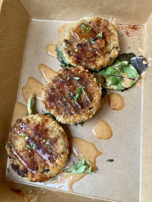 Crabless Crab Cakes - tasty, well dressed, but don’t remotely taste like crab cakes in flavor or texture.  at I-tal Garden in New Orleans