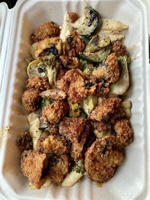 I think this was called the “RA Pasta” - absolutely DELICIOUS, EXCEPT the breading on the mushrooms was so over salted they were almost inedible. Salt level in the rest was fin at I-tal Garden in New Orleans