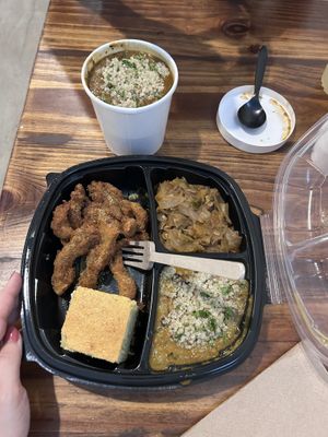 Lemon pepper fried oyster bites; veggie gumbo; coconut curry black eyed peas; cornbread; creole greens  at I-tal Garden in New Orleans