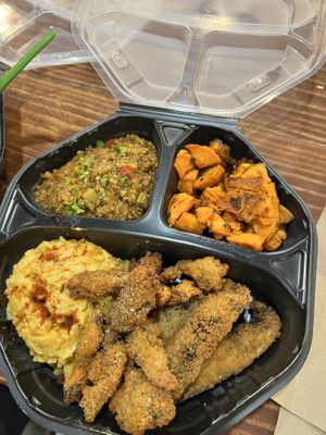 2 proteins/3 sides. Quinoa jambalaya, candied yams, Mac and cheese with oyster bites and kicken strips (portobello mushrooms)  at I-tal Garden in New Orleans