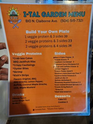 Menu at I-tal Garden in New Orleans