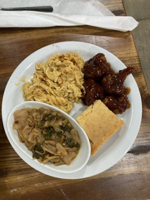 Mac and cheese, broth, cauliflower wings and cornbread. This is not a combination I would have ever ordered together however it worked so well!  at I-tal Garden in New Orleans