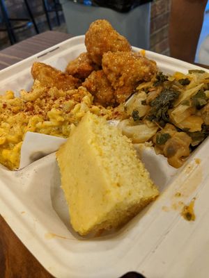 Creole cauliflower wings, Mac n cheese, creole greens and cornbread at I-tal Garden in New Orleans