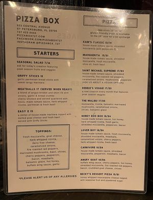 Food menu as of February 2025  at Pizza Box in St Petersburg