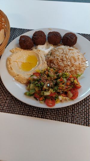 Falafels, hummus, rice, salas and yogurt at Chez Le Libanais in Belfort