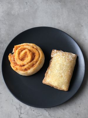 Vegan pizza scroll and apple pastry at Glazed Gluten Free Patisserie in Elsternwick
