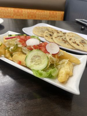 Yuca fries & Pupusas (vegan)  at Abi's cafe in Minneapolis