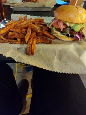 Cilantro black bean burger and sweet potato fries at Bareburger in Edgewater