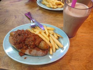 "Meat sauce" hot dog with kinako shake at Bells in Tokyo