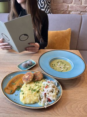 Daily menu-broccoli cream soup, potato and veg patties  at Mandala Étterem in Pecs