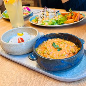 Peas and tomatoes with homemade cheese at Mandala Étterem in Pecs