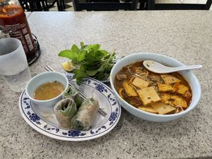 Spring rolls and spicy soup    at Thien Tam in El Monte