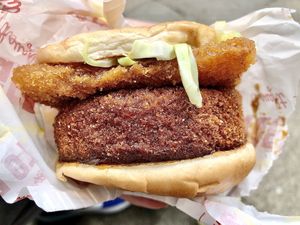 Delicious deep fried vegan burger (outside) at Halo Burger in London