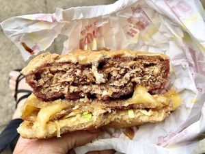Delicious deep fried vegan burger (inside) 🍔  at Halo Burger in London