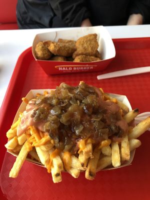 fries with cheese and onion at Halo Burger in London