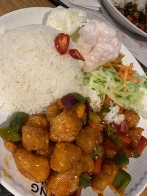 Sweet and sour “chicken” with Jasmin rice   at Veggie Wok in North West London