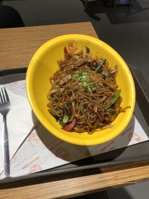Wok with rice noodles, soy sauce, tofu and veggies  at Veggie Wok in North West London