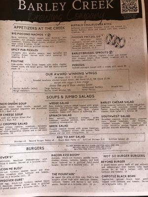 Menu at Barley Creek in Tannersville