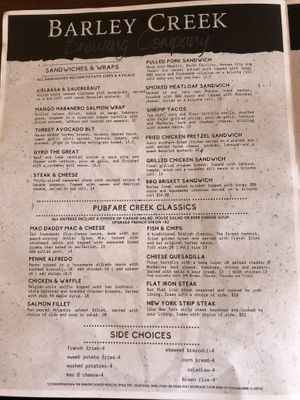 Menu at Barley Creek in Tannersville
