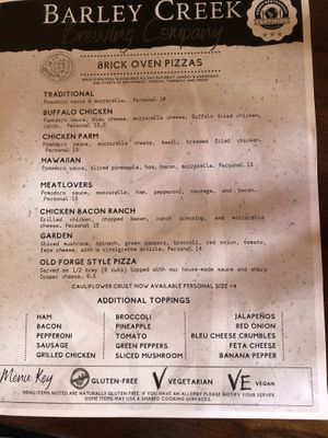 Menu at Barley Creek in Tannersville