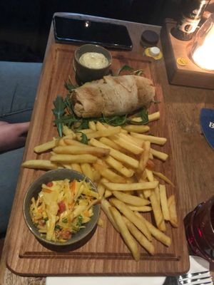 From the seasonal menu: vegetarian sausage with sauerkraut in a bread roll with fries and mustard mayo. at De Beren in Goes