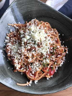 Pasta bolognese with tomatoes, minced meat and Parmesan.  at De Beren in Goes