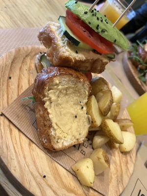 Vegan sandwich with potatoes 🌱  at Boa Beach in Valencia