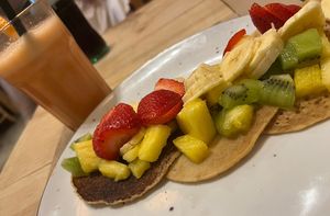 Vegan pancakes with fruit and smoothie ❤️  at Boa Beach in Valencia