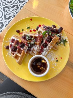 Lemon zested waffles with blueberry compote. Yummy! but not running back to order again.  at Rhody Roots in Warren