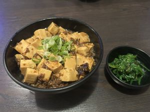 Mapo tofu donburi with included seaweed salad  at Suehiro Mini in Los Angeles
