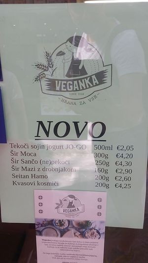 Veganka slovenian products: vegan soy yogurt, cheese, mozzarella, seitan, nutritional yeast. Photo by: Jagoda T. on Facebook at  Prodajalna Biomax in Ljubljana