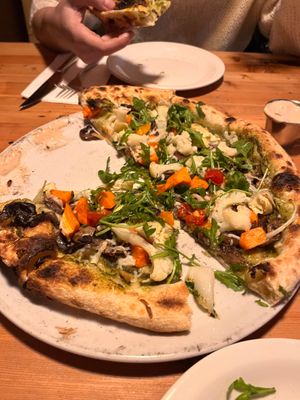 Chef’s vegan choice pizza with vegan black garlic aioli  at Betulla Burning in Prince George