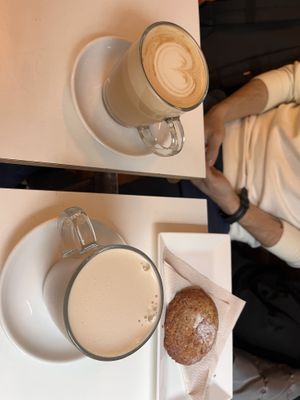 Chai latte, dirty chai and lemon chia cookie  at The Village Coffee & Music in Utrecht
