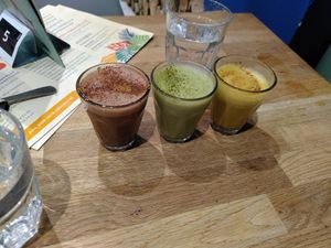 Left to right: cacao, matcha, and turmeric elixirs at Eden Cafe Clifton in Bristol