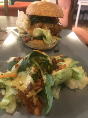 Burger and salad at Bazylia i Groszek in Gorzow Wielkopolski