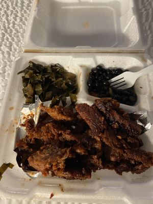 Beef brisket burnt endz, collard greens, black beans   at Ve-Go in Charlotte