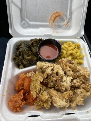 Oyster mushroom fried chik’n, shrymp, collard greens, mac n cheese  at Ve-Go in Charlotte